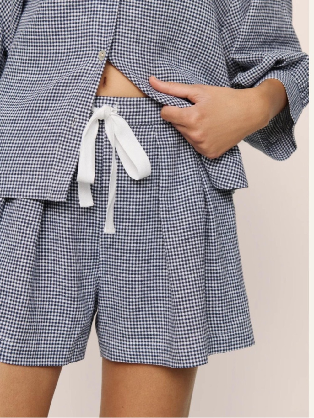 Eberjey Navy and White Gingham Linen High-Waist Drawstring Shorts